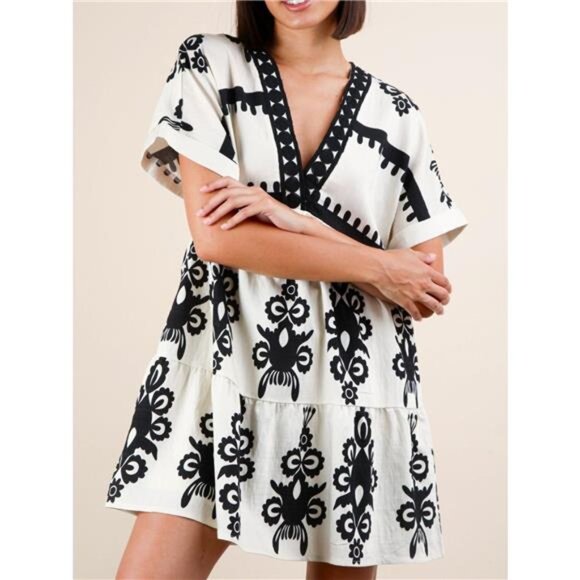 Printed V-Neck Short Sleeve Mini Dress - Picture 1 of 16